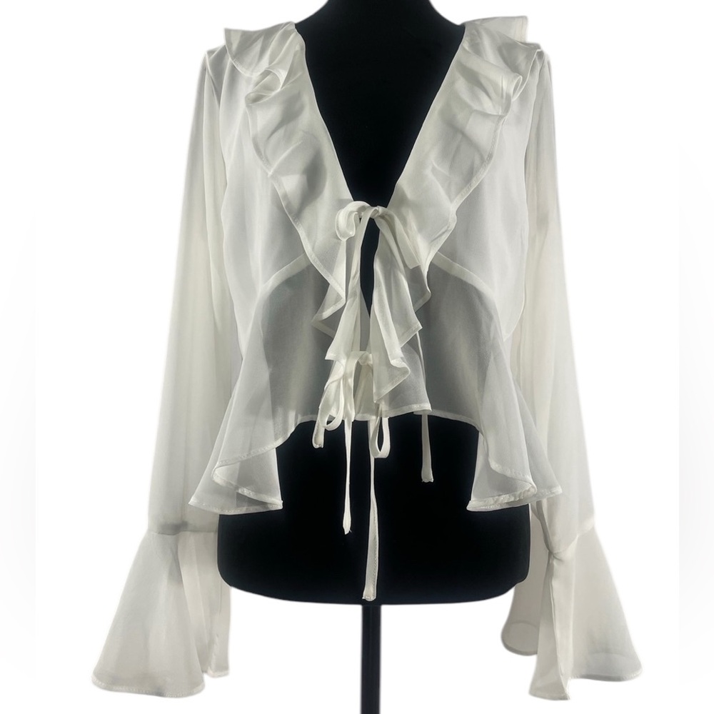 Lulus White Chiffon Ruffled Long Sleeve Tie-Front Top,Large, NWT - Picture 10 of 10